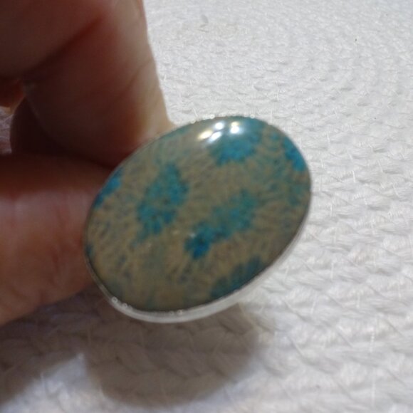 Stunning TEAL FOSSIL CORAL Handmade Sterling 925 Ring Size 11.25 #844C - Picture 3 of 3